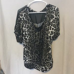 Sheer shoulder leopard print blouse